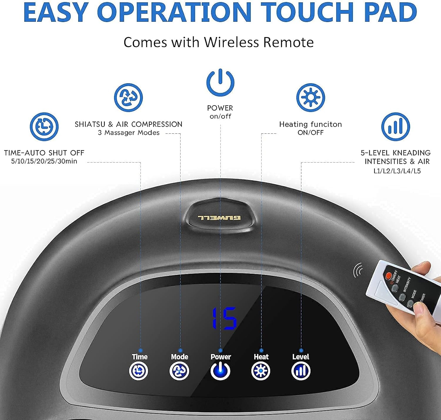 Foot Massager Machine with Heat, Shiatsu Deep Kneading, Multi-Level Settings,Air Compression for Women Men, Remote Control,Black